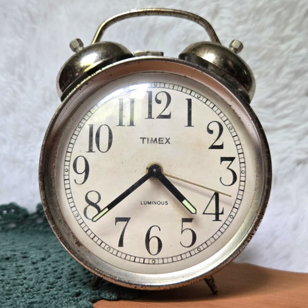 Vintage Timex Alarm Clock White Enamel Glowing Hands WORKS!